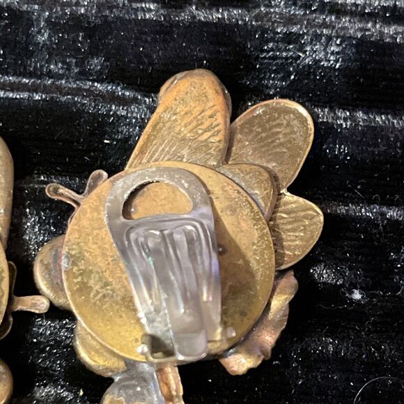 VTG Made In Italy Mixed Metal Brass Copper Rhinestone Butterfly Clip On Earrings - Picture 11 of 14